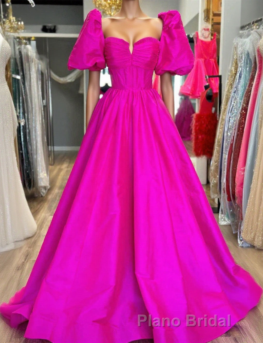 Square Neck Fuchsia Puff Sleeves A-Line Formal Prom Dresses Main image