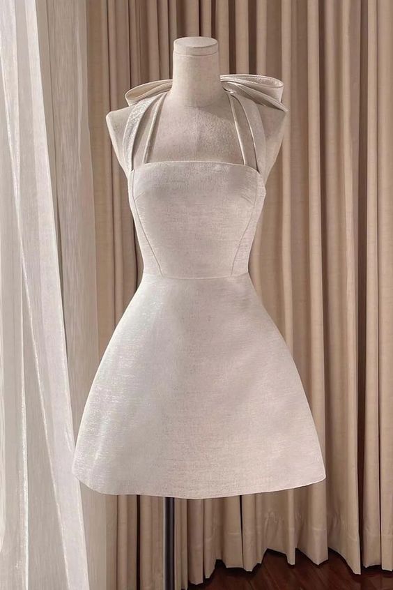 Square Neck Halter Sleeveless Satin A-Line Mini Homecoming Dresses With Bow