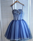 Charming Blue Lace Tule A Lin Short Formal Prom Dresses, Homecoming Dresses