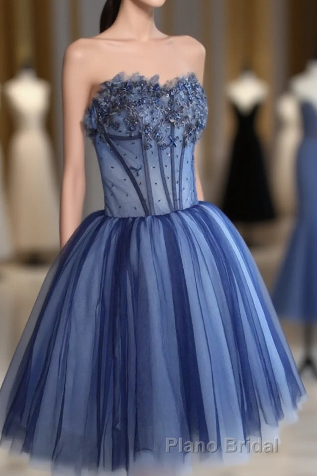 Charming Blue Lace Tule A Lin Short Formal Prom Dresses, Homecoming Dresses Main image