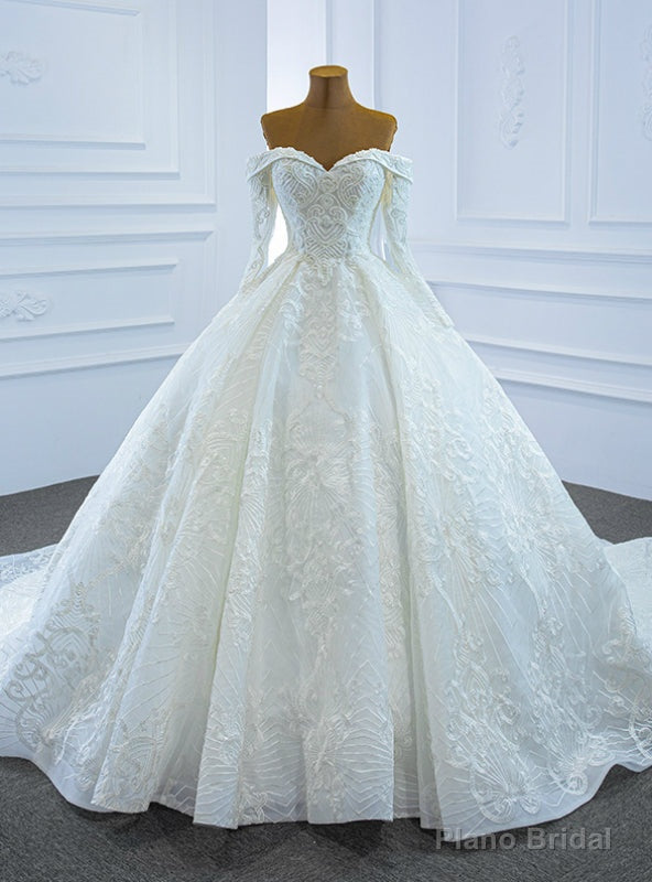 Stand Out With White Tulle Embrodiery Appliques Off the Shoulder Long Sleeve Beading Sequins Wedding Dress Main image