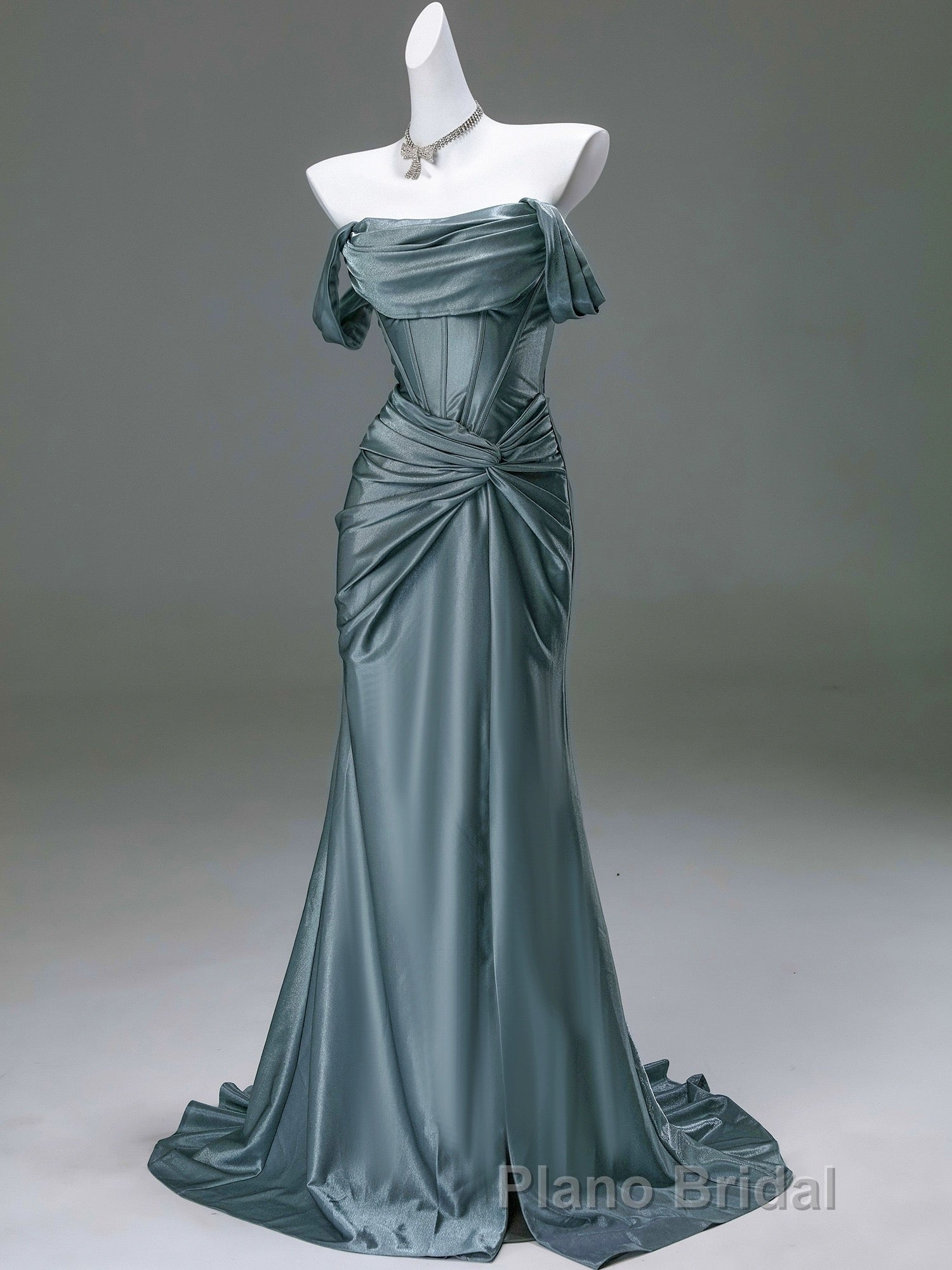 Steel Blue Silk Evening Dresses - Corset Back Formal Prom Dresses with Off-the-Shoulder Design Plus Size Secondary image