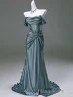 Steel Blue Silk Evening Dresses - Corset Back Formal Prom Dresses with Off-the-Shoulder Design Plus Size