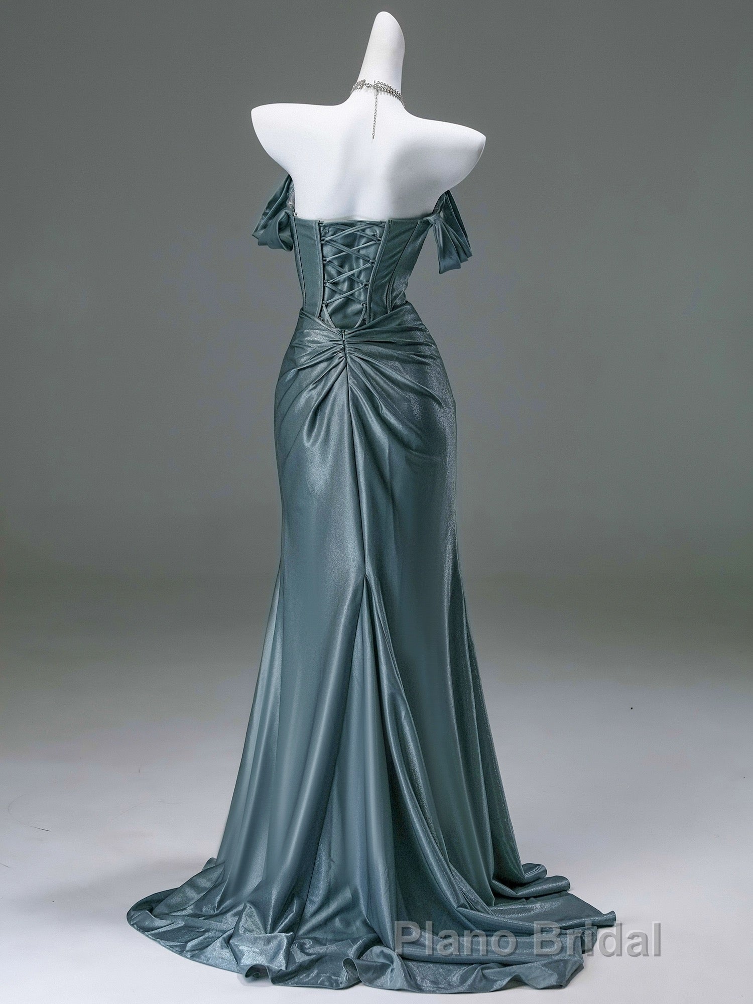 Steel Blue Silk Evening Dresses - Corset Back Formal Prom Dresses with Off-the-Shoulder Design Plus Size