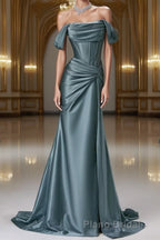 Steel Blue Silk Evening Dresses - Corset Back Formal Prom Dresses with Off-the-Shoulder Design Plus Size