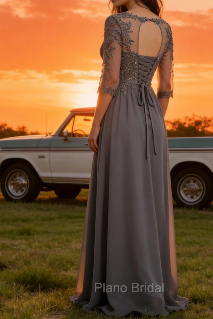 Steel Grey Appliqued A Line Pleated Beaded Mother Of The Bride Dress with Half Sleeves Secondary image