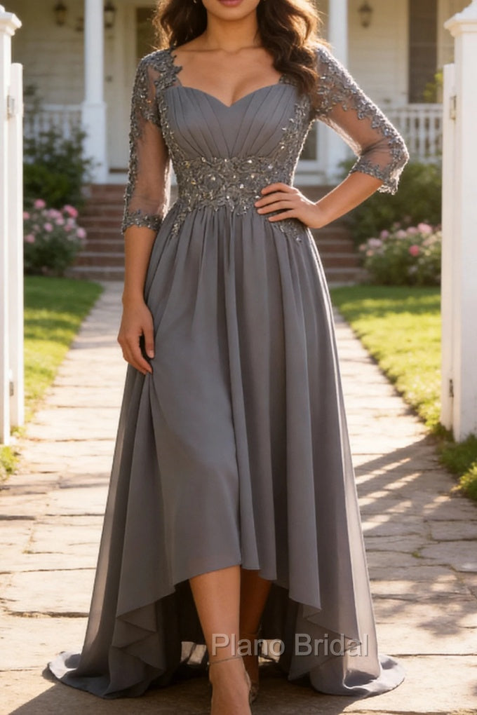 Steel Grey Appliqued A Line Pleated Beaded Mother Of The Bride Dress with Half Sleeves Main image
