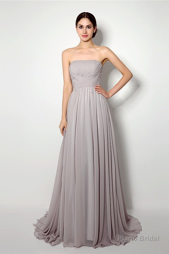 Strapless A Line Chiffon Long Silver Bridesmaid Dresses Main image