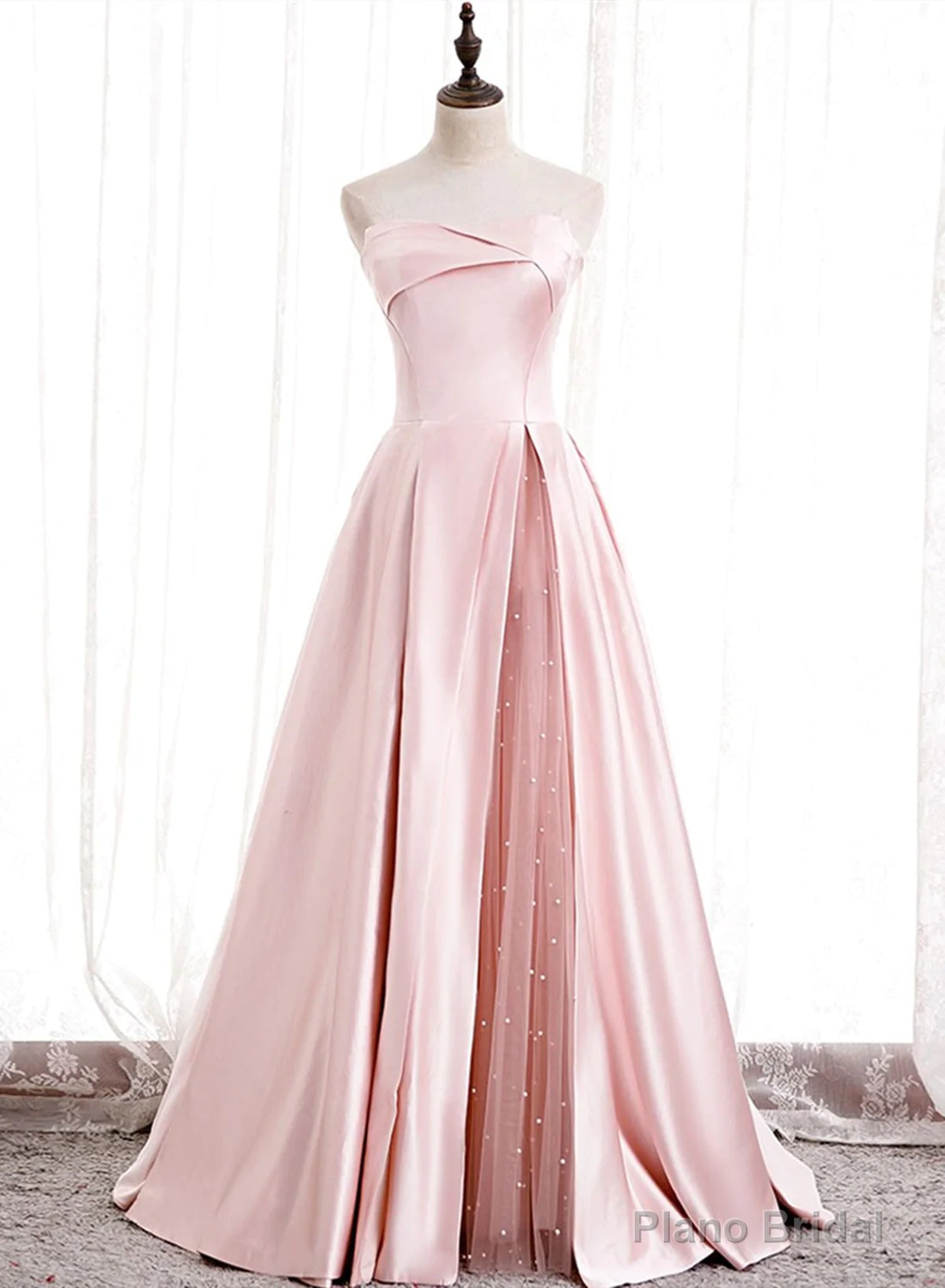 Strapless A-line Pink Satin Prom Dresses, Pink Satin Long Party Dress Main image