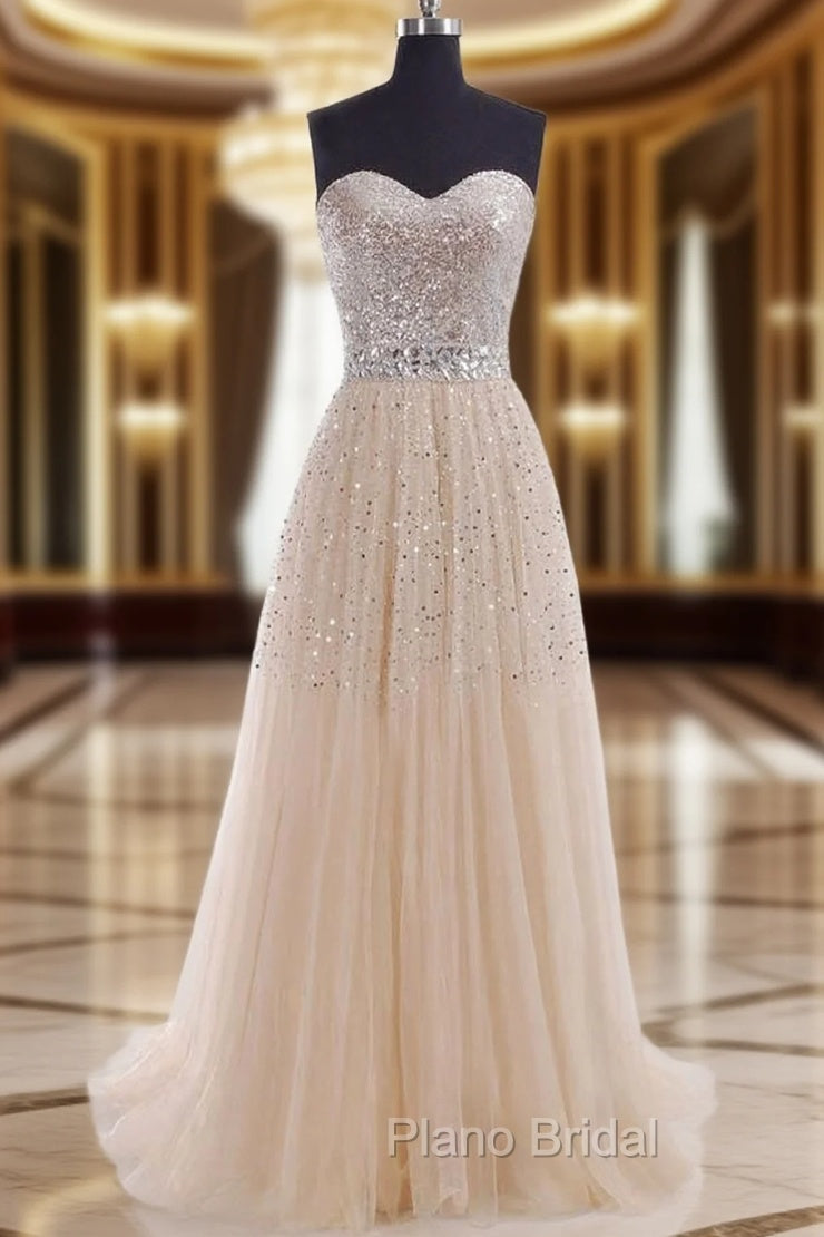 Strapless A-Line/Princess Sweep Train Tulle Formal Prom Dresses With Beaded Main image