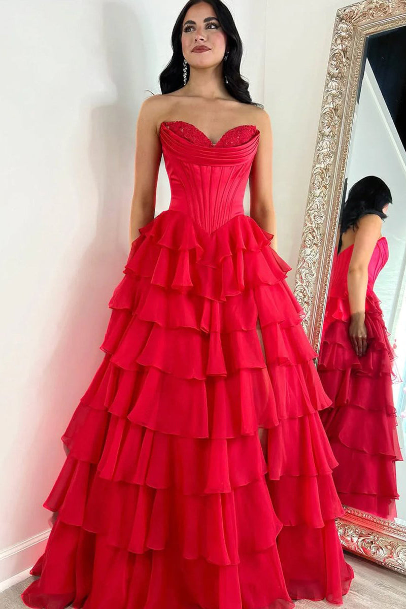Strapless A-Line Ruffle Long Prom Dress With Split