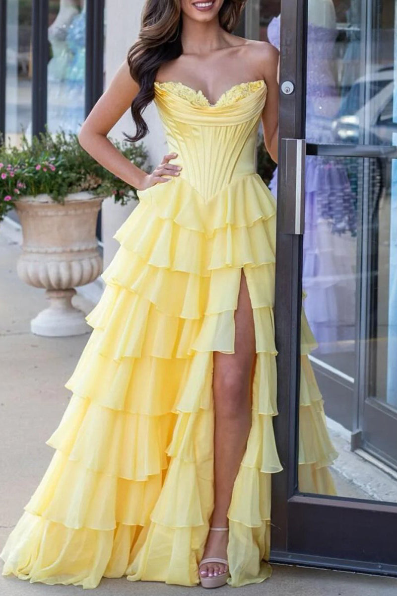 Strapless A-Line Ruffle Long Prom Dress With Split Main image
