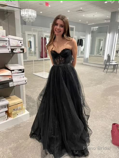 Strapless A Line Tulle Prom Dress Black Lace Evening Gown Main image