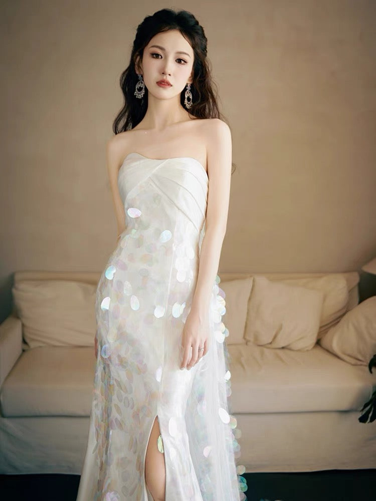 Strapless A Line White Sequin Long Formal Prom Dresses Formal Party Dresses Secondary image