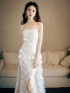 Strapless A Line White Sequin Long Formal Prom Dresses Formal Party Dresses