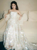 Strapless A Line White Sequin Long Formal Prom Dresses Formal Party Dresses
