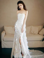 Strapless A Line White Sequin Long Formal Prom Dresses Formal Party Dresses