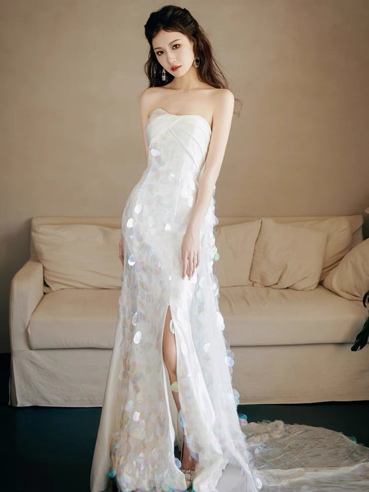 Strapless A Line White Sequin Long Formal Prom Dresses Formal Party Dresses