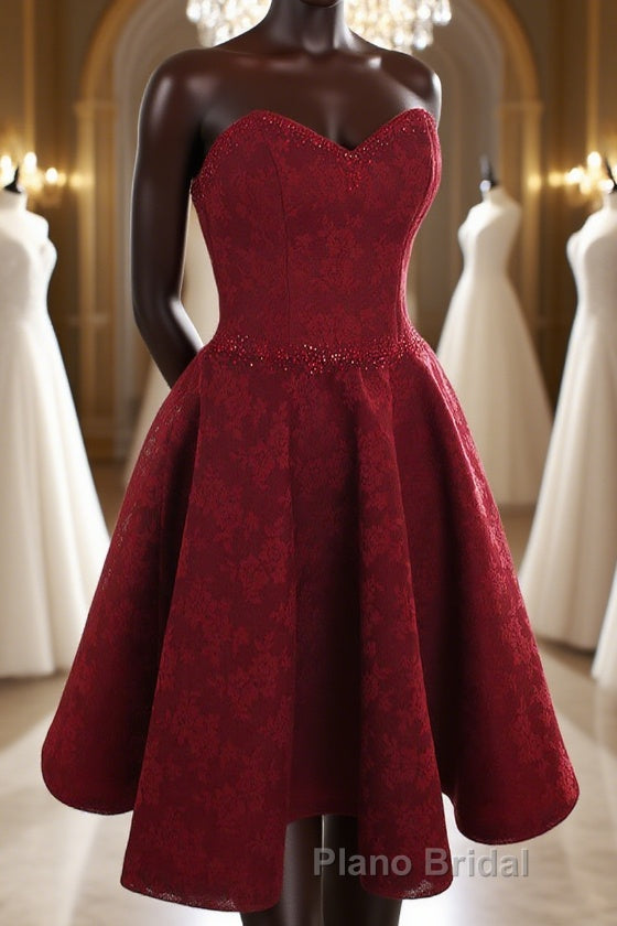Strapless Backless Burgundy Lace Short Formal Prom Dress, Short Burgundy Lace Homecoming Dress Main image