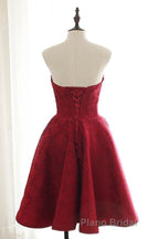 Strapless Backless Burgundy Lace Short Formal Prom Dress, Short Burgundy Lace Homecoming Dress
