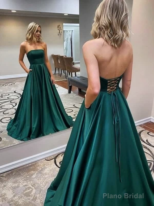 Strapless Backless Emerald Green Long Prom with Pocket, Backless Emerald Green Formal Graduation Evening Main image