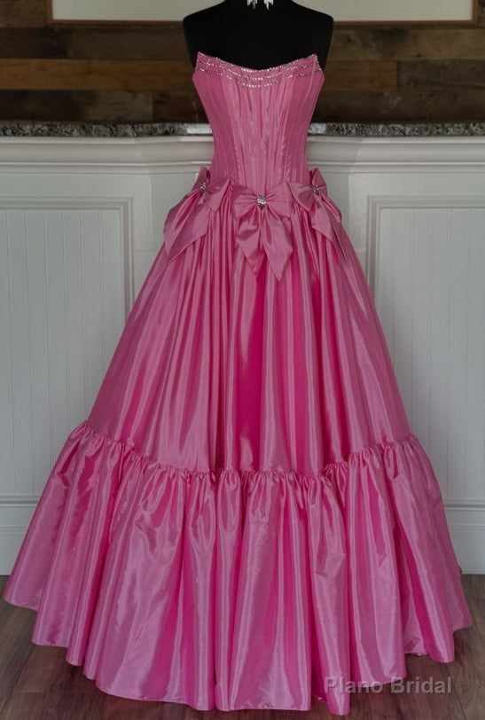 Strapless Ball Gown Long Prom Dress with Beading and Bow