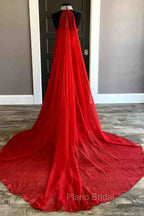 Strapless Beaded Side Slit Red Long Formal Prom Dresses With Cape