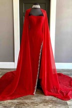 Strapless Beaded Side Slit Red Long Formal Prom Dresses With Cape