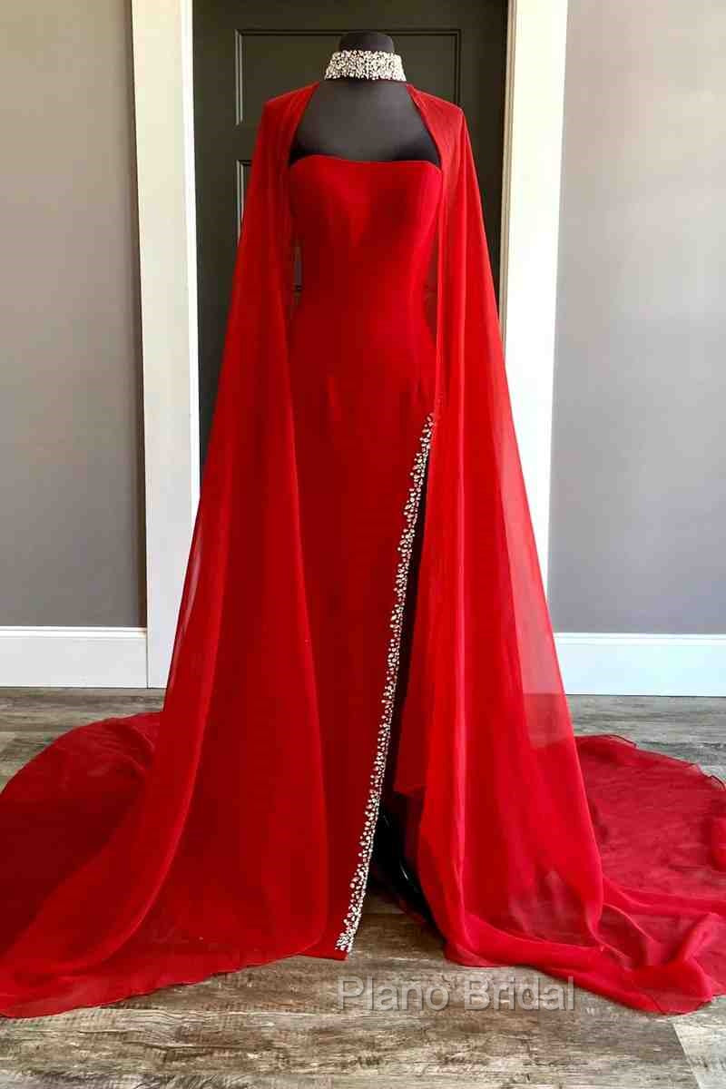 Strapless Beaded Side Slit Red Long Formal Prom Dresses With Cape