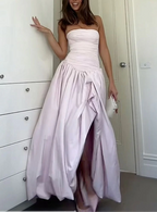 Strapless Black A Line Long Formal Prom Dresses With Slit