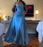 Strapless Blue A Line Satin Long Formal Prom Dresses Formal Party Dresses