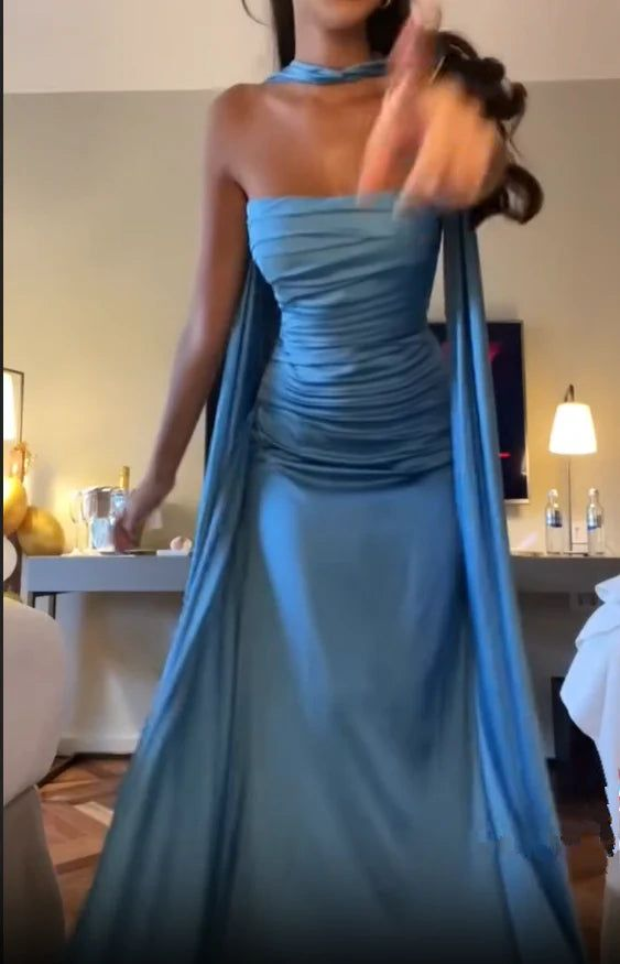 Strapless Blue A Line Satin Long Formal Prom Dresses Formal Party Dresses