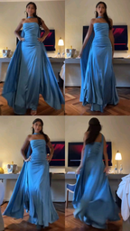 Strapless Blue A Line Satin Long Formal Prom Dresses Formal Party Dresses