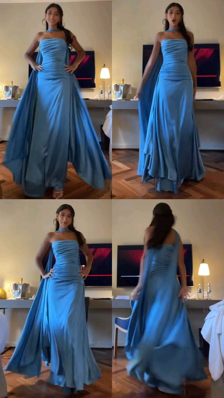 Strapless Blue A Line Satin Long Formal Prom Dresses Formal Party Dresses