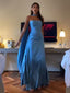 Strapless Blue A Line Satin Long Formal Prom Dresses Formal Party Dresses