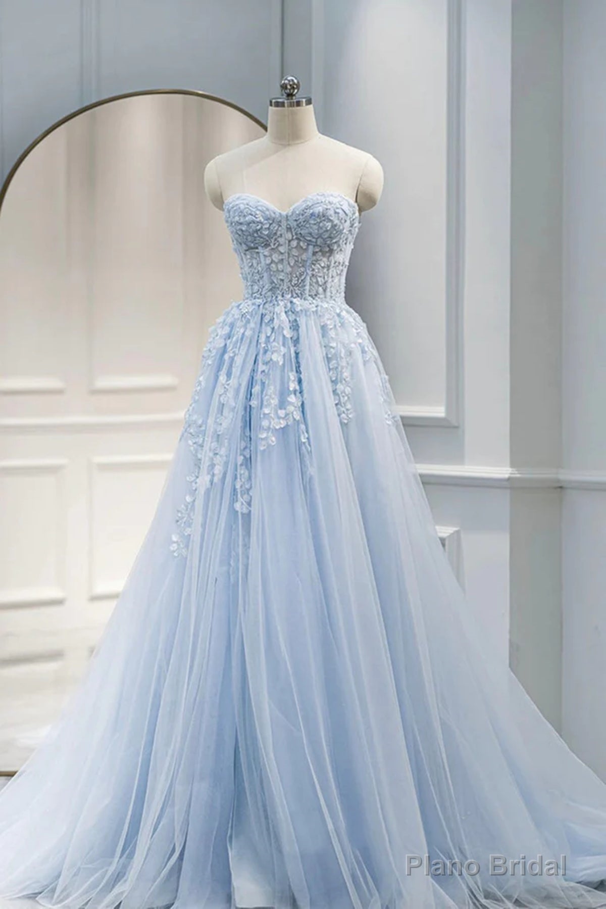 Strapless Blue Lace Prom Dresses, Strapless Blue Lace Long Formal Evening Dresses Main image