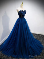 Strapless Blue Velvet Long Prom Dresses, Blue Velvet Long Formal Graduation Dresses