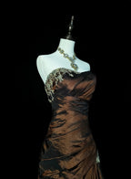 Strapless Brown Vintage Formal Evening Dresses, Sleeveless Long Party Gowns