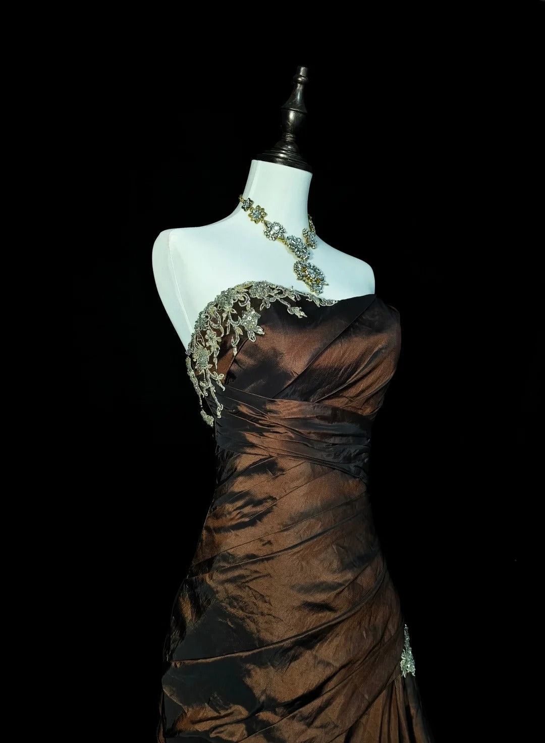 Strapless Brown Vintage Formal Evening Dresses, Sleeveless Long Party Gowns