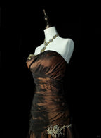 Strapless Brown Vintage Formal Evening Dresses, Sleeveless Long Party Gowns