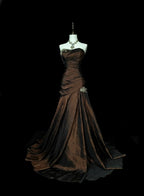Strapless Brown Vintage Formal Evening Dresses, Sleeveless Long Party Gowns