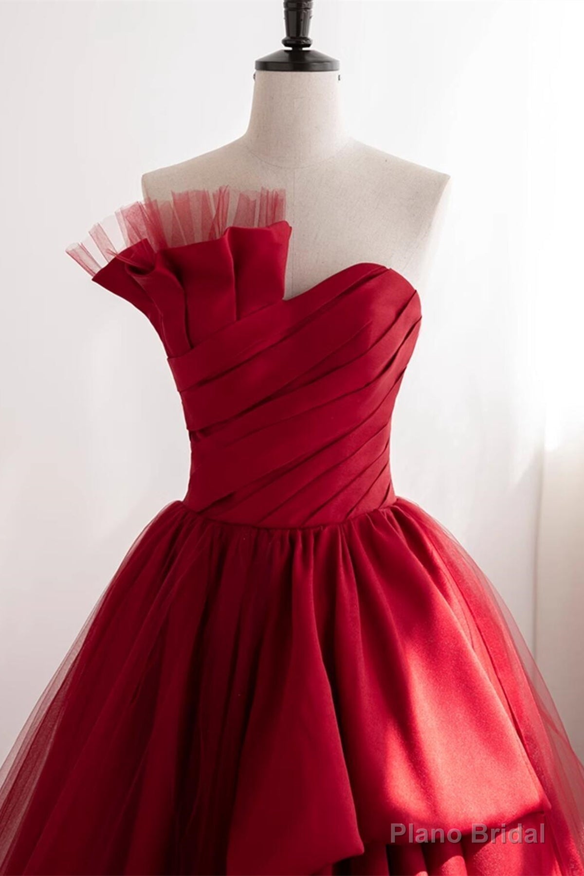 Strapless Burgundy Tulle Satin Long Prom Dresses, Wine Red Long Fomal Gowns Secondary image