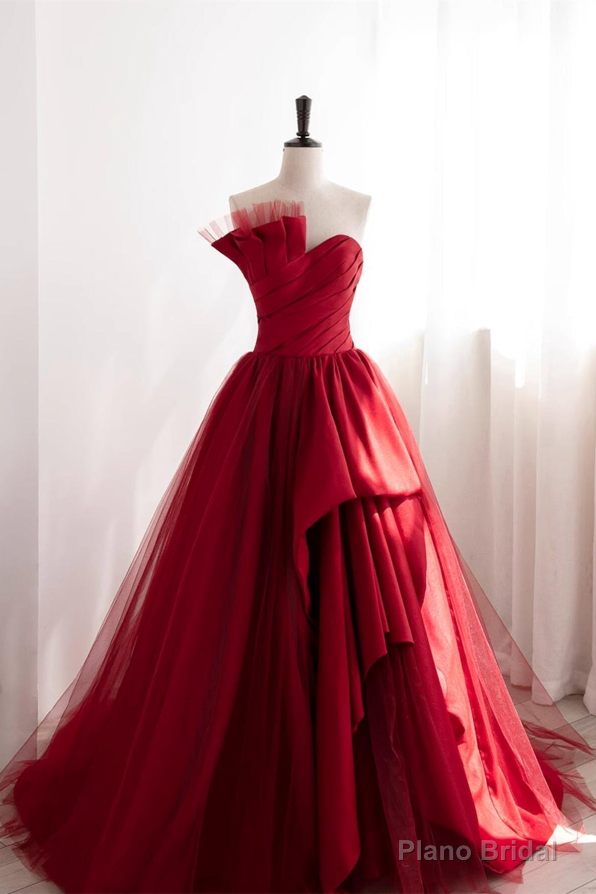 Strapless Burgundy Tulle Satin Long Prom Dresses, Wine Red Long Fomal Gowns Main image