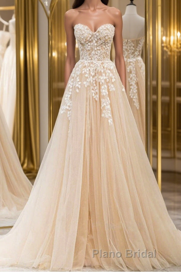 Strapless Champagne Lace Tulle Long Formal Prom Dress, Champagne Lace Formal Evening Dress