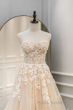 Strapless Champagne Lace Tulle Long Formal Prom Dress, Champagne Lace Formal Evening Dress