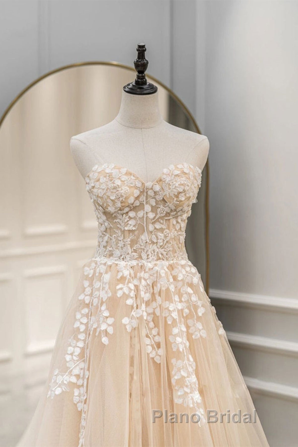 Strapless Champagne Lace Tulle Long Formal Prom Dress, Champagne Lace Formal Evening Dress Secondary image