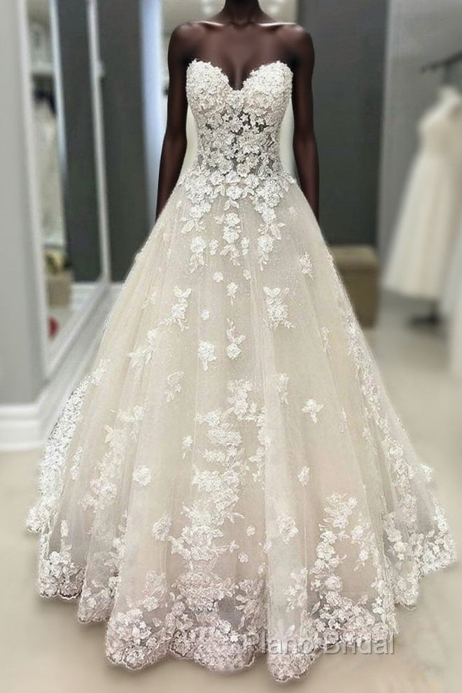 Strapless Champagne Lace Wedding Dresses Formal Prom Dresses, Formal Gown Main image