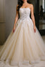 Strapless Champagne Long Formal Prom Dresses with Lace Appliques, Champagne Lace Formal Evening Dresses