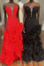 Strapless Cut-Out Back Ruffle Layers Mermaid Formal Prom Dresses