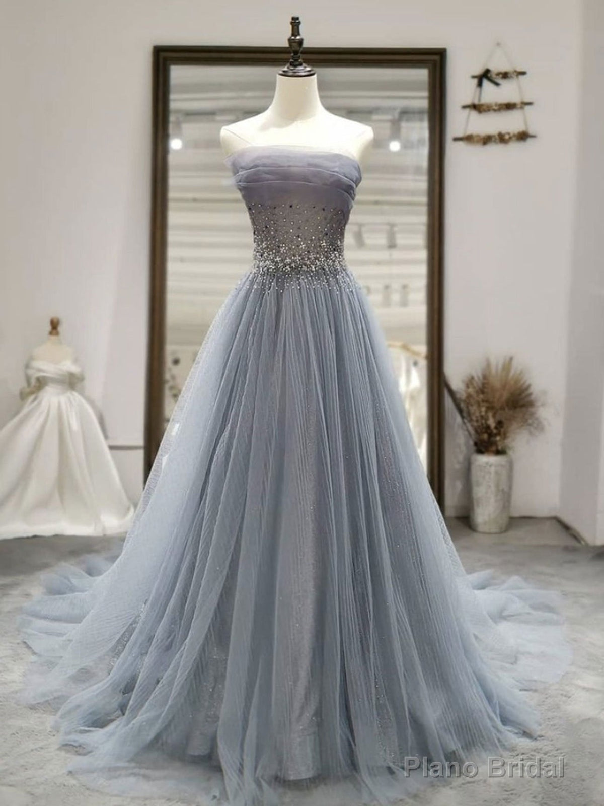 Strapless Gray Tulle Long Prom Dresses, Strapless Gray Long Formal Evening Dresses Main image